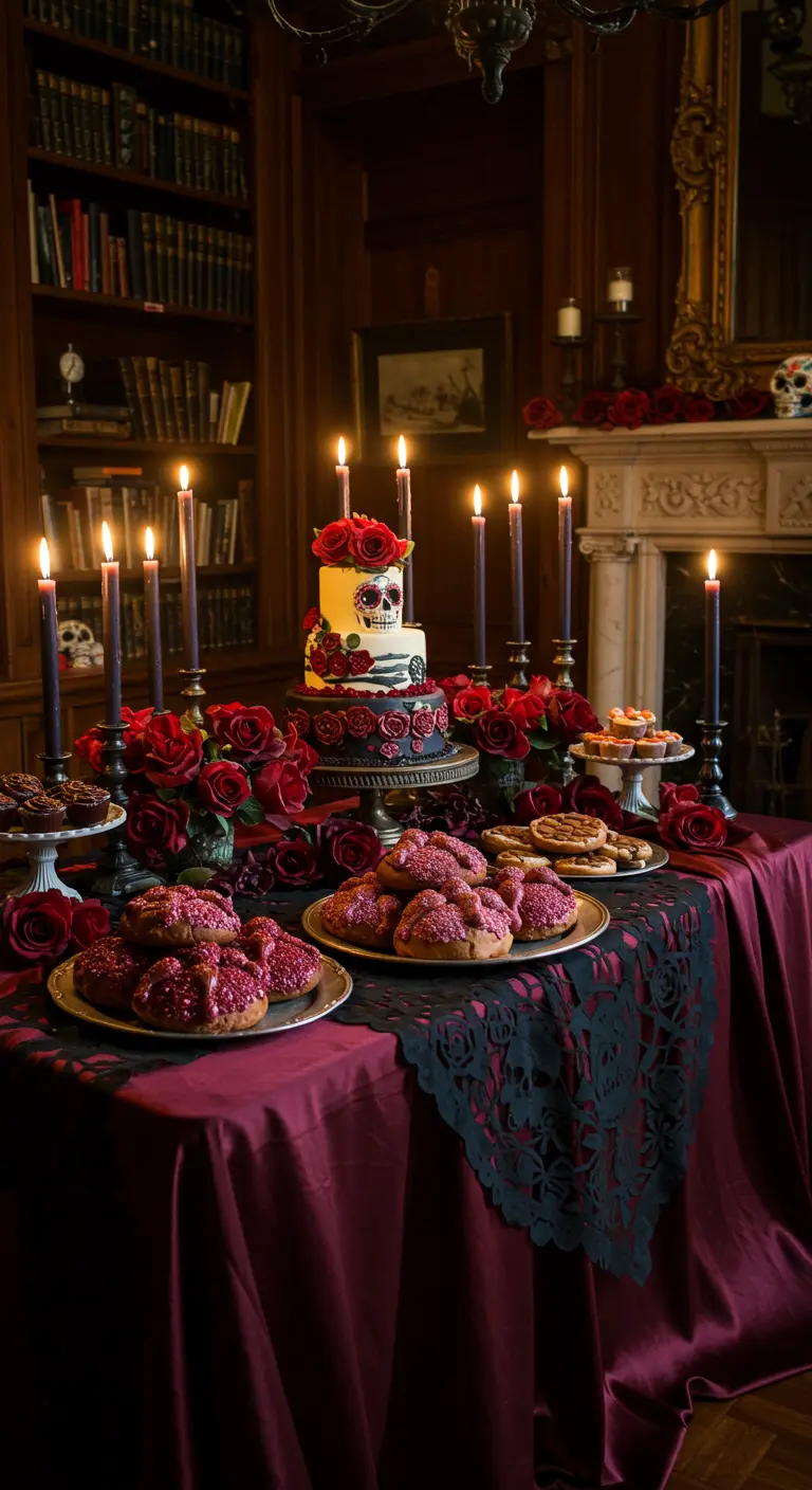 Mesa de dulces estilo gótico romántico con rosas rojas, velas negras y pan de muerto.