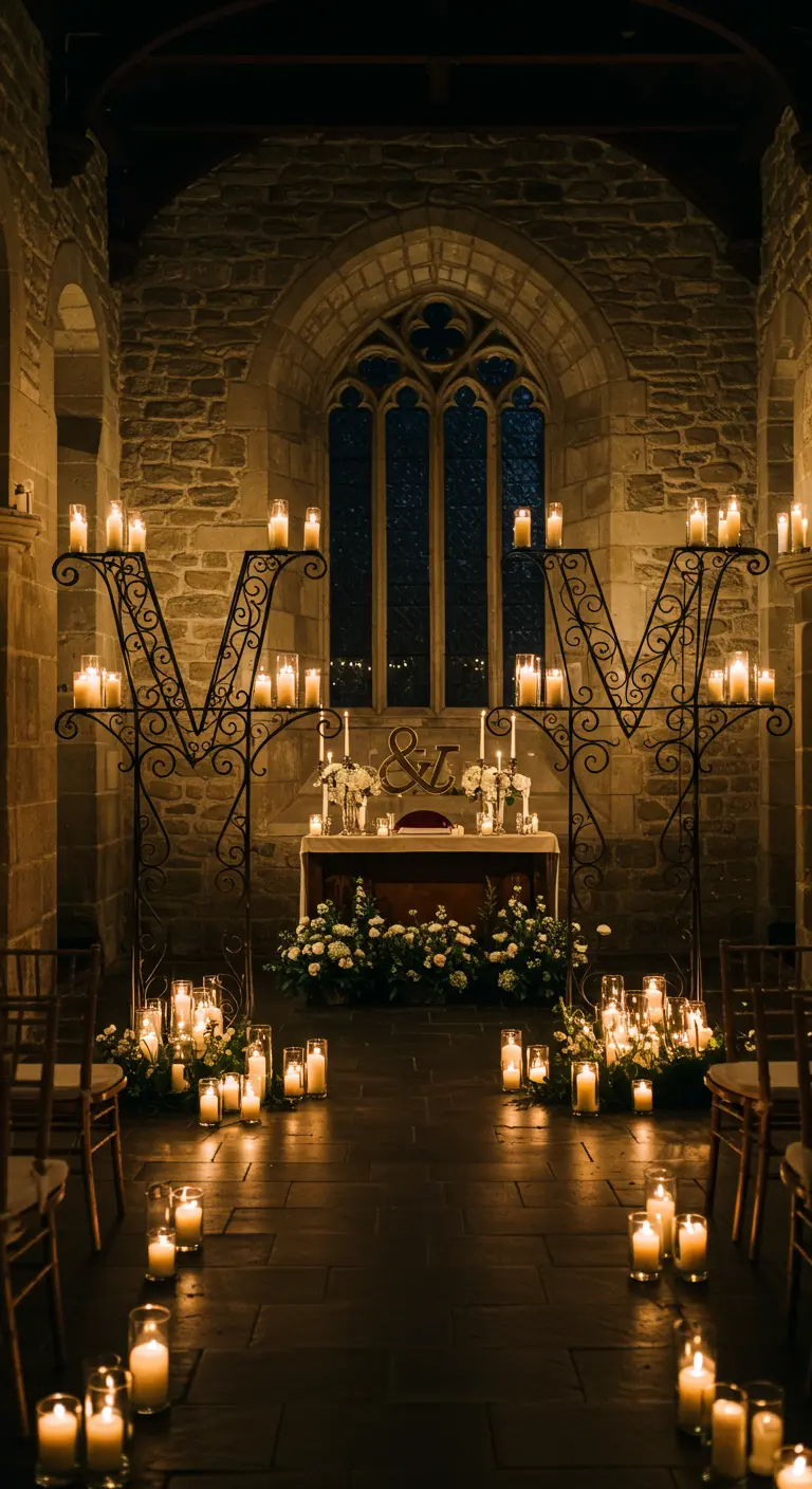 Iniciales 'M' de hierro forjado que funcionan como candelabros gigantes en una iglesia de piedra.
