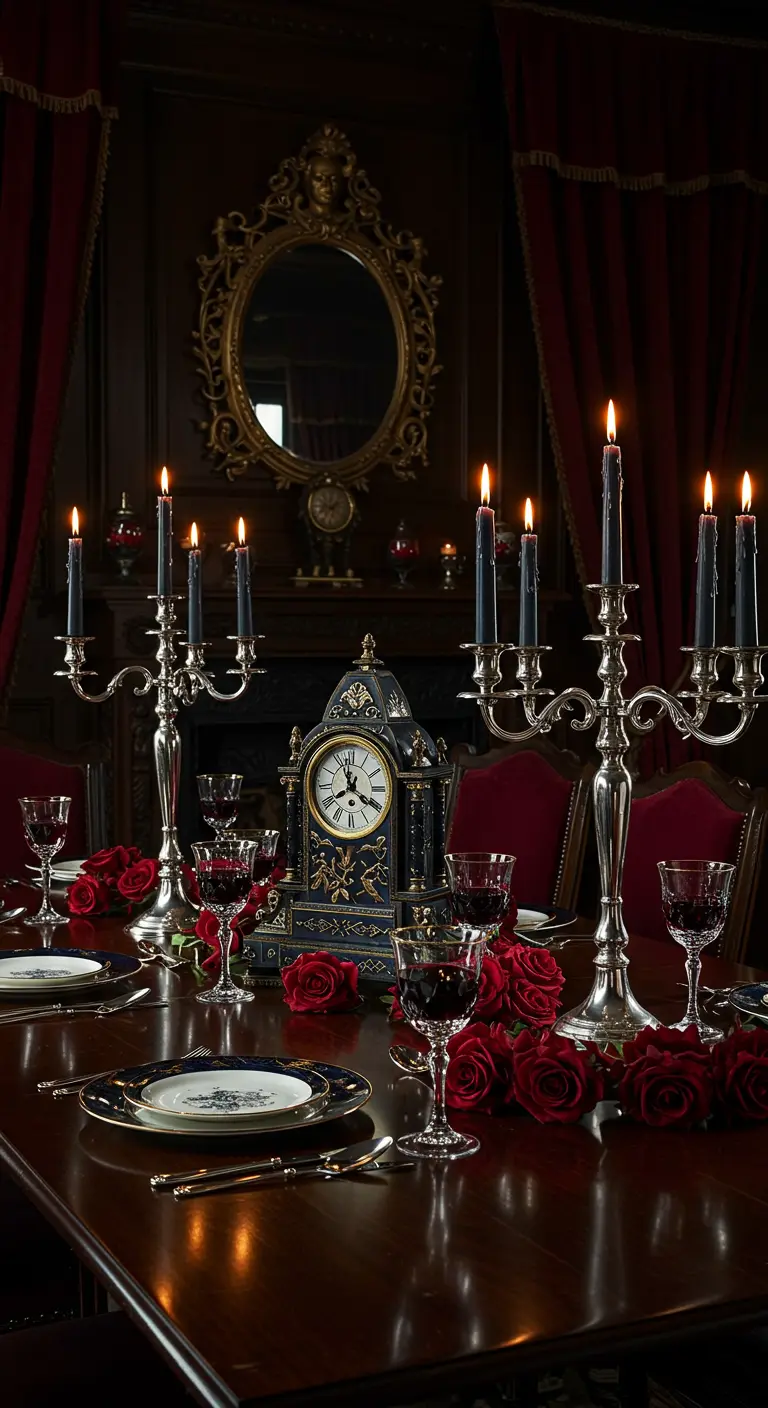 Mesa de comedor gótica con un reloj antiguo, candelabros de plata y rosas rojas.