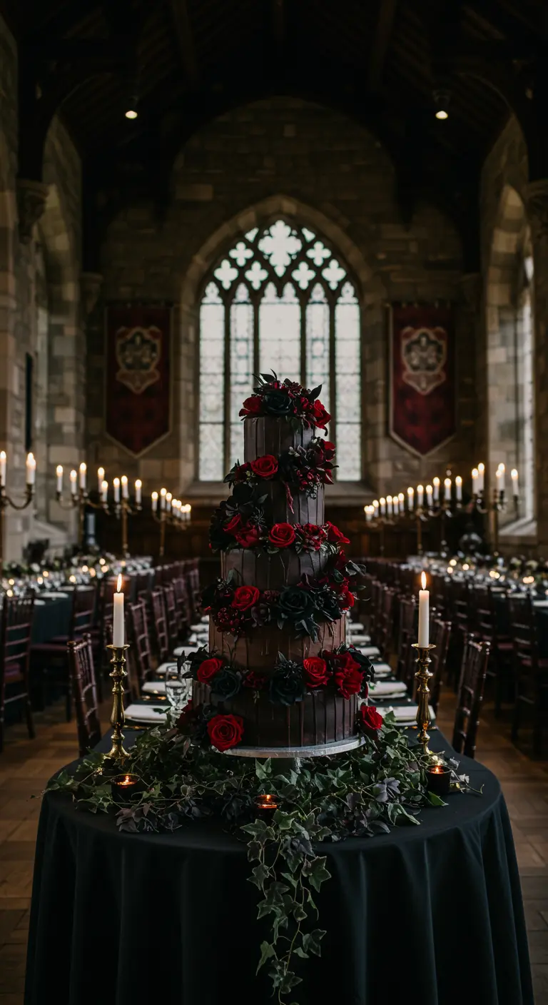 Pastel de bodas de chocolate oscuro con rosas rojas en un castillo gótico.