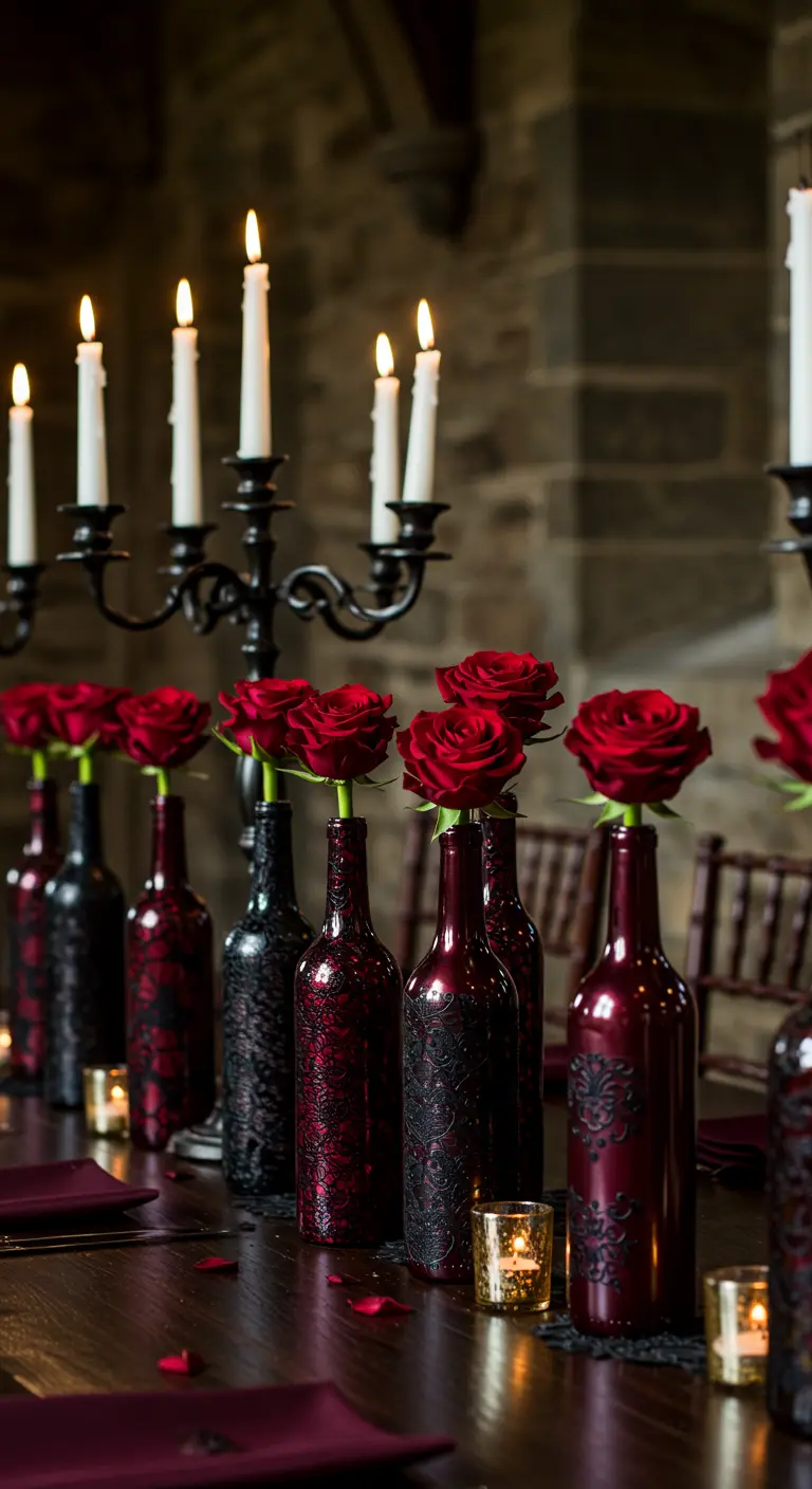Botellas de vino en tonos rojos y negros cubiertas con encaje negro y rosas rojas.