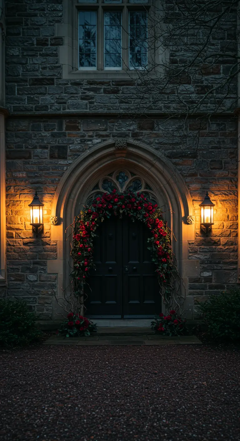 Arco de rosas rojas sobre una puerta de arco gótico de noche.