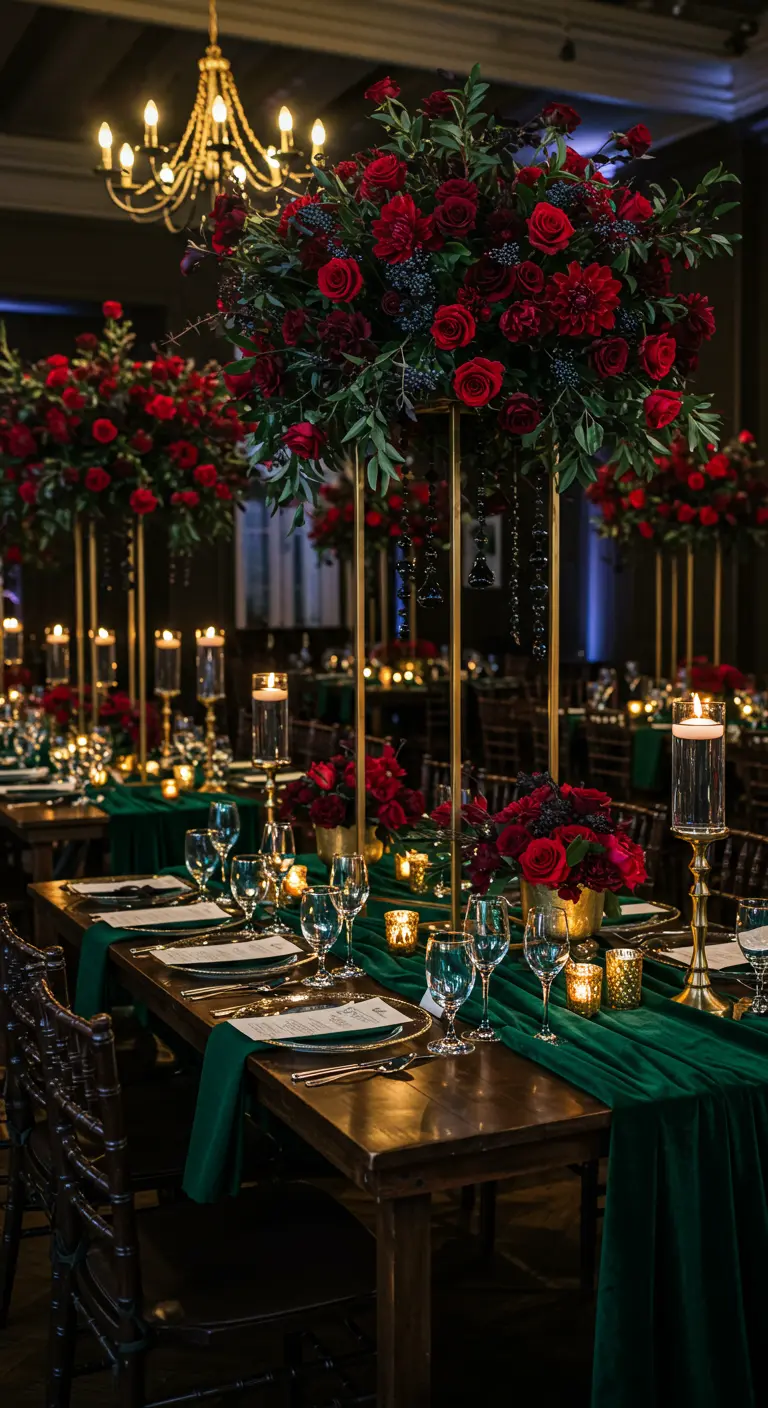 Mesa de boda con mantel de terciopelo verde, rosas rojas y detalles dorados.