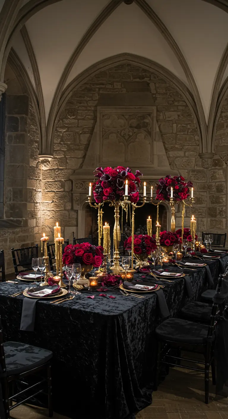 Mesa de banquete gótico en un salón de piedra con candelabros dorados y flores rojas oscuras.