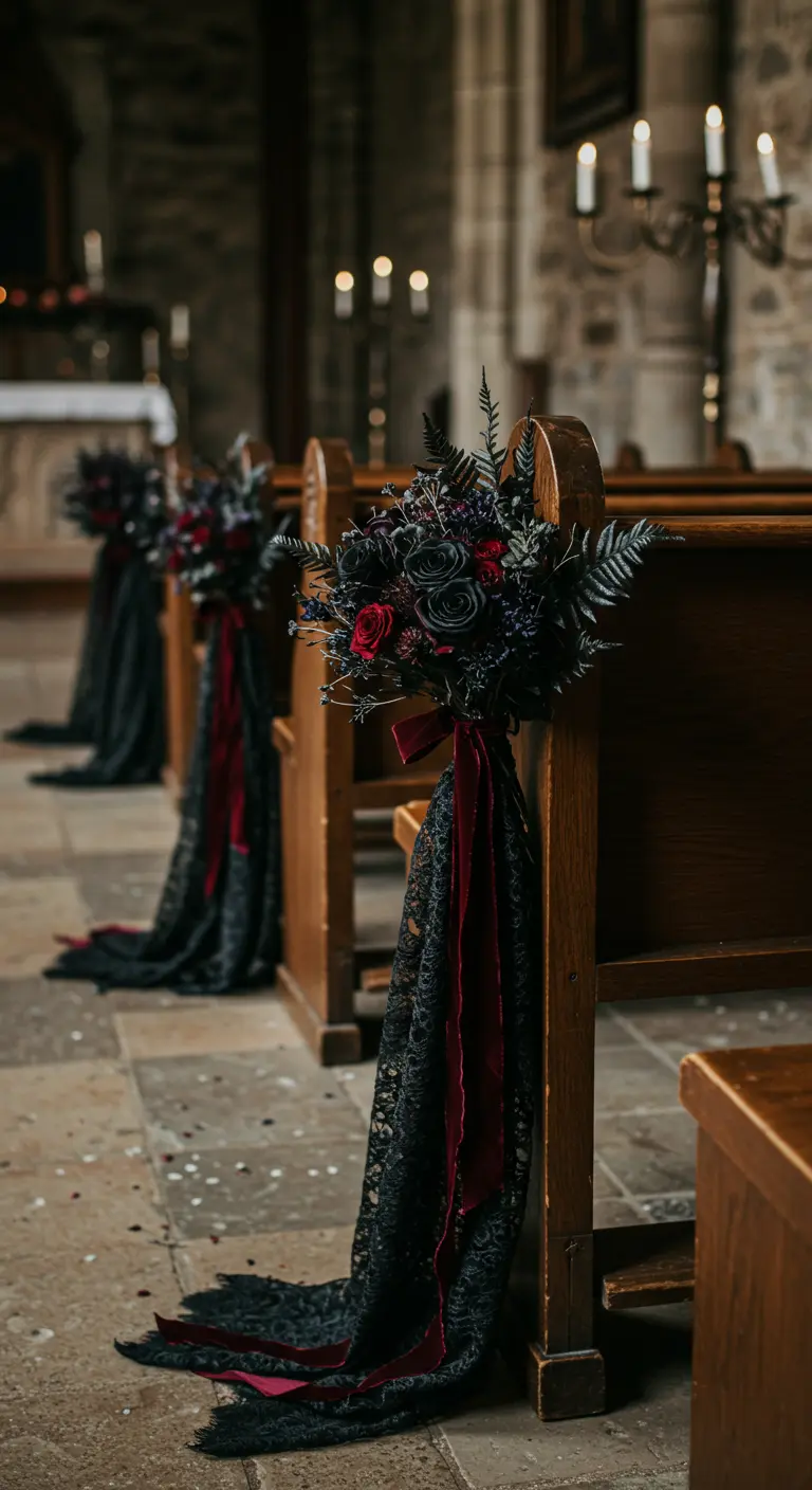 Bancos de iglesia decorados con tela de encaje negro, terciopelo rojo y rosas oscuras.