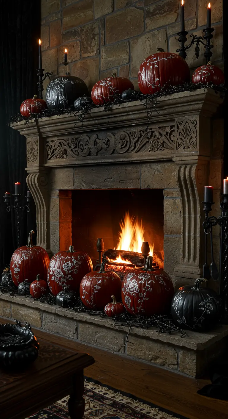 Chimenea de piedra con calabazas de color rojo oscuro y negro pintadas con patrones florales blancos.