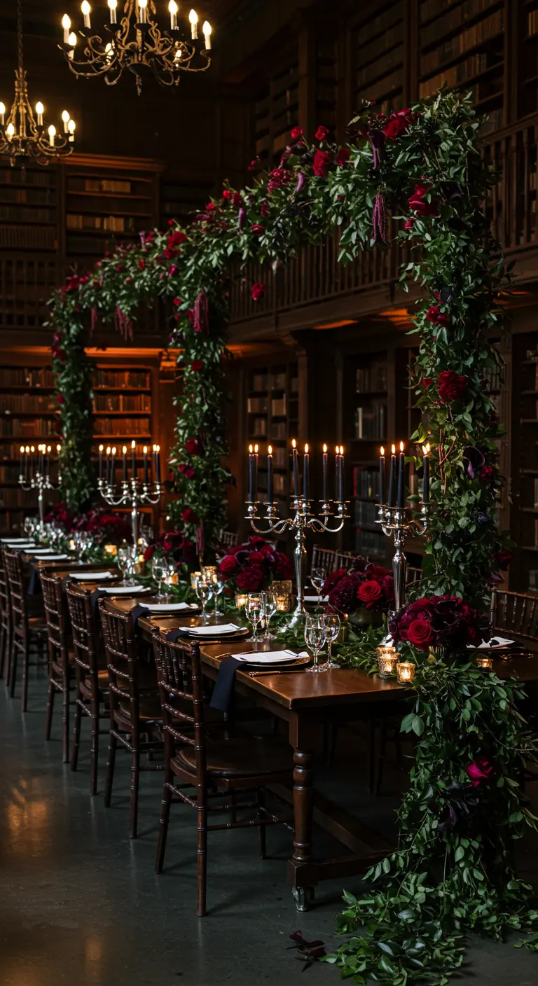 Mesa de boda en una biblioteca con arcos de rosas rojas y velas negras.