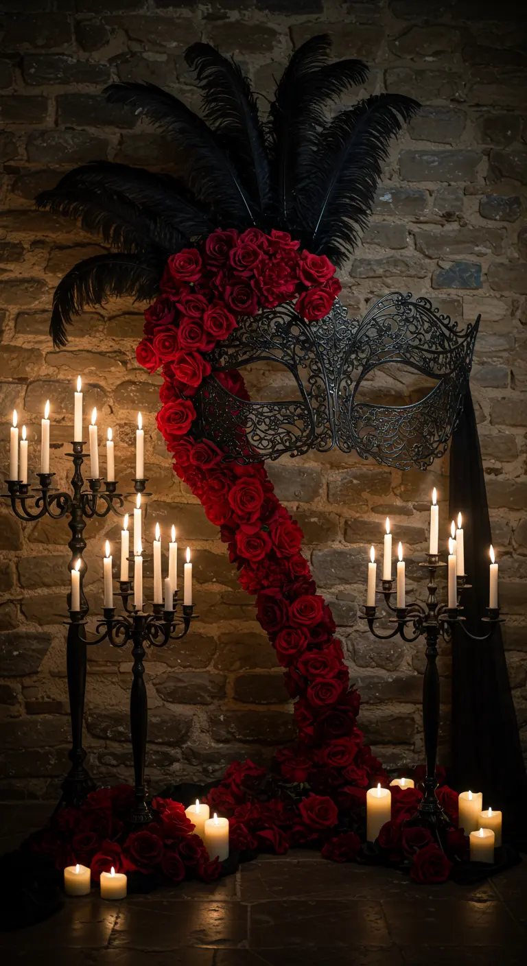 Máscara de filigrana negra decorada con una cascada de rosas rojas y rodeada de velas.