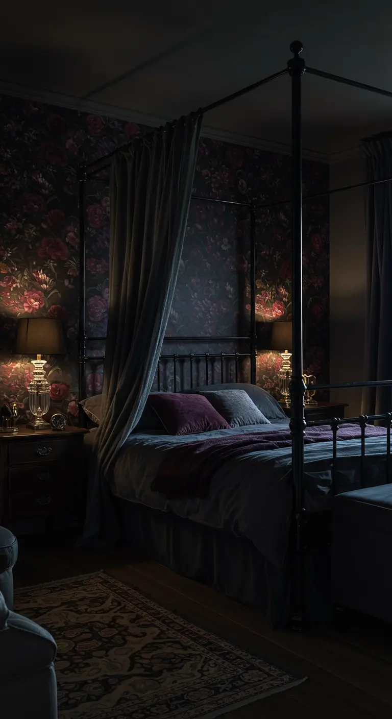Dormitorio oscuro y romántico con papel tapiz floral y una cama con dosel de metal negro