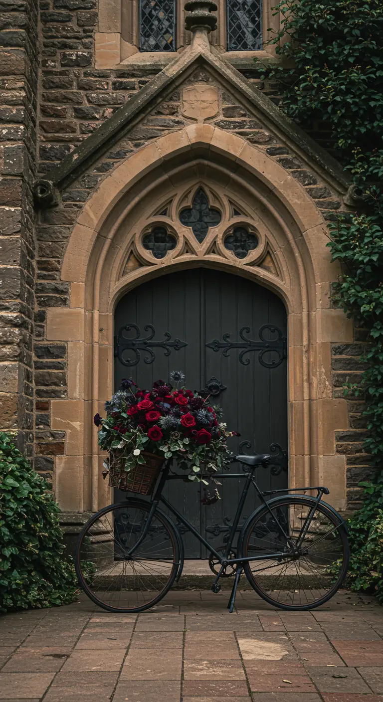 Bicicleta negra con un ramo de rosas rojas y flores oscuras frente a una puerta gótica