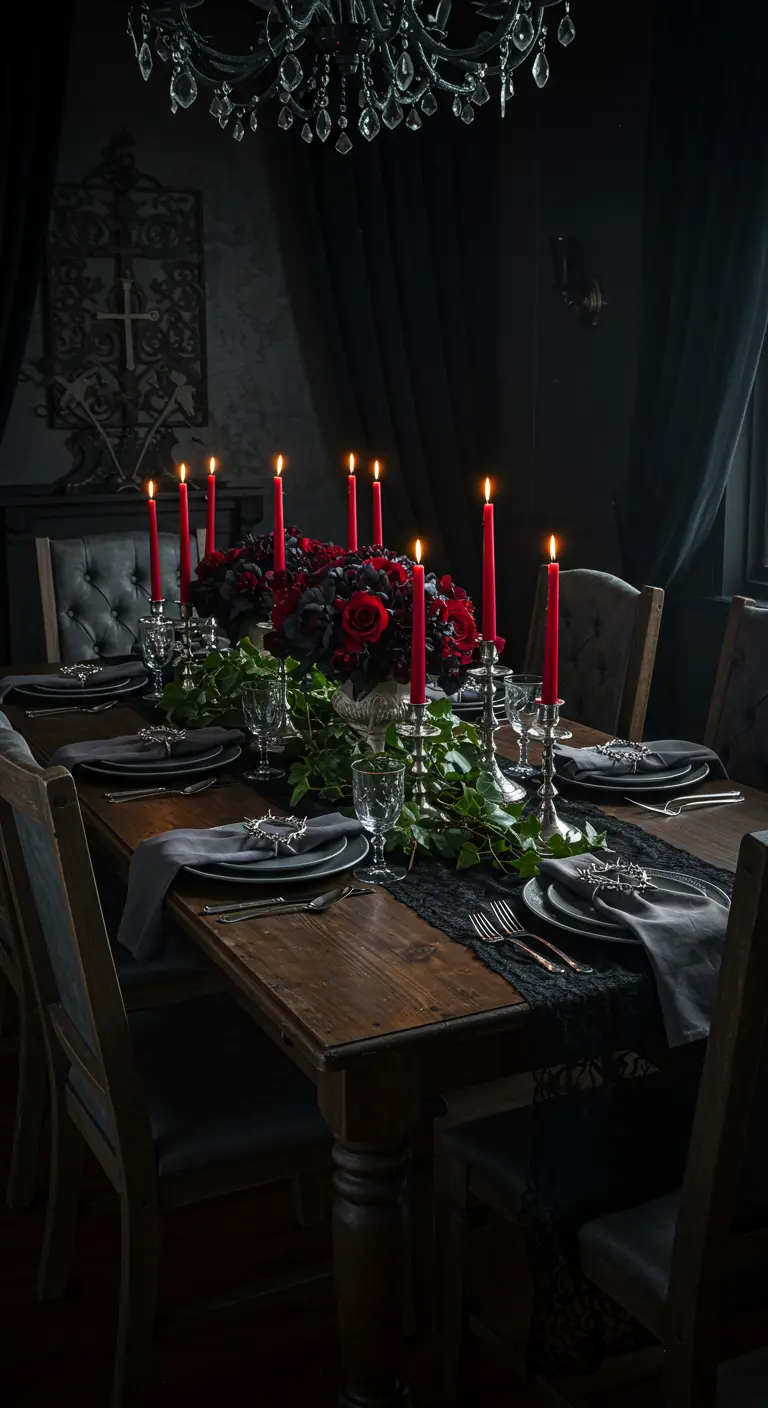 Mesa de comedor de estilo gótico con un centro de mesa floral oscuro y velas rojas.