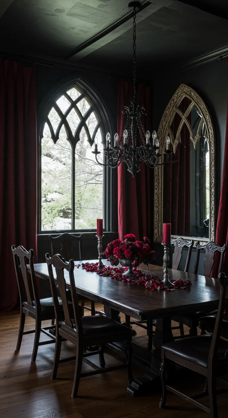 Comedor de estilo gótico con espejo de arco, candelabro negro y decoración en rojo oscuro