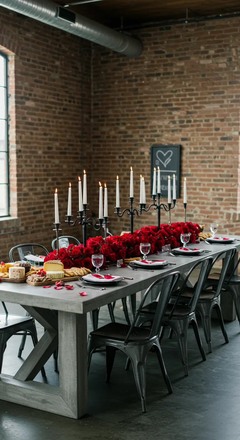 Mesa de comedor industrial de cemento con un centro de mesa de rosas rojas y candelabros.