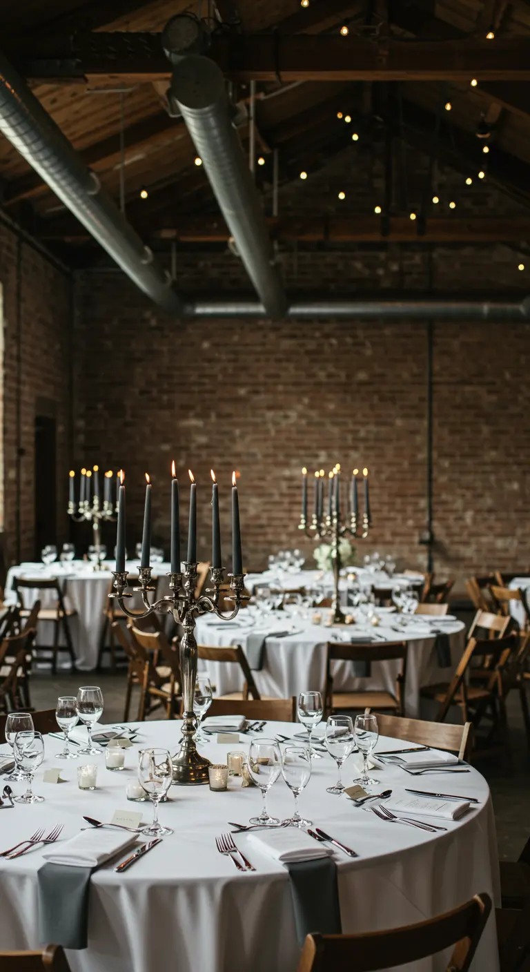 Recepción de boda en un espacio industrial con mesas redondas y candelabros con velas negras.