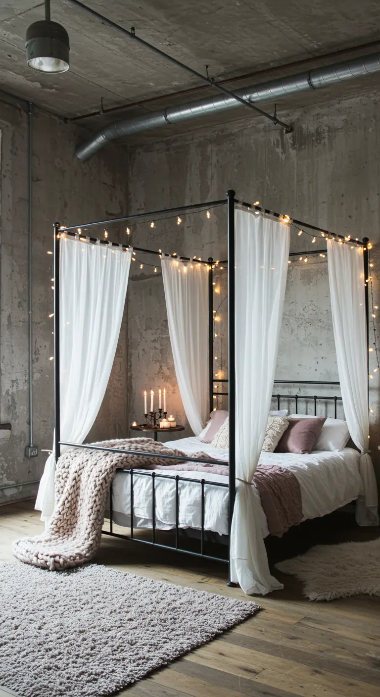 Cama con dosel metálico decorada con cortinas blancas y luces en un loft de hormigón