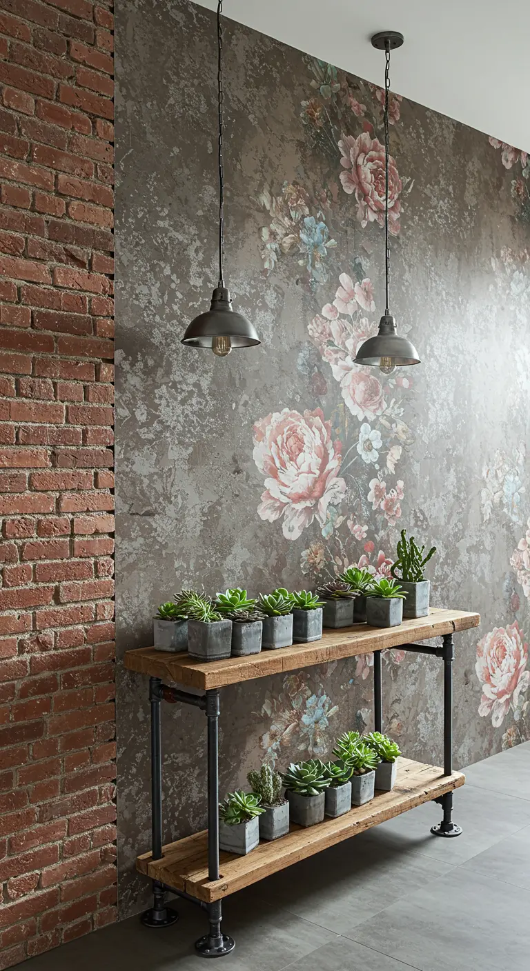 Pared de entrada con papel tapiz que mezcla flores vintage y textura de cemento, con una estantería industrial.