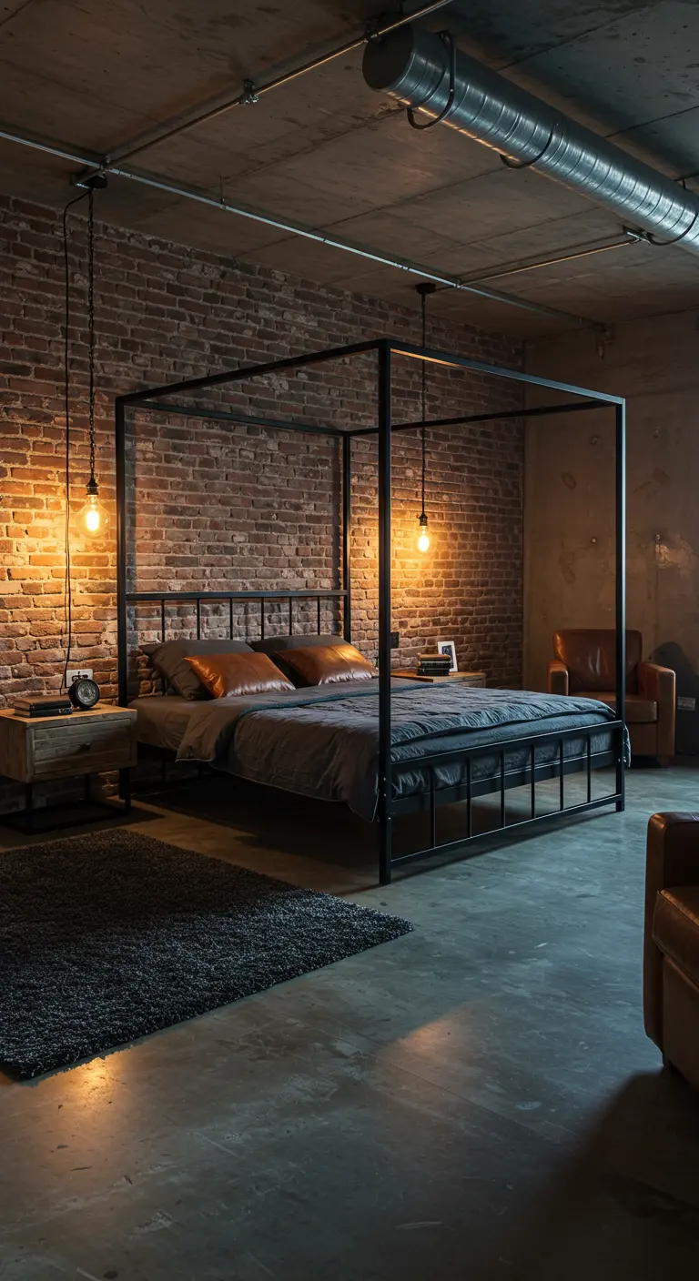 Dormitorio de estilo industrial con cama con dosel de metal negro y pared de ladrillo visto