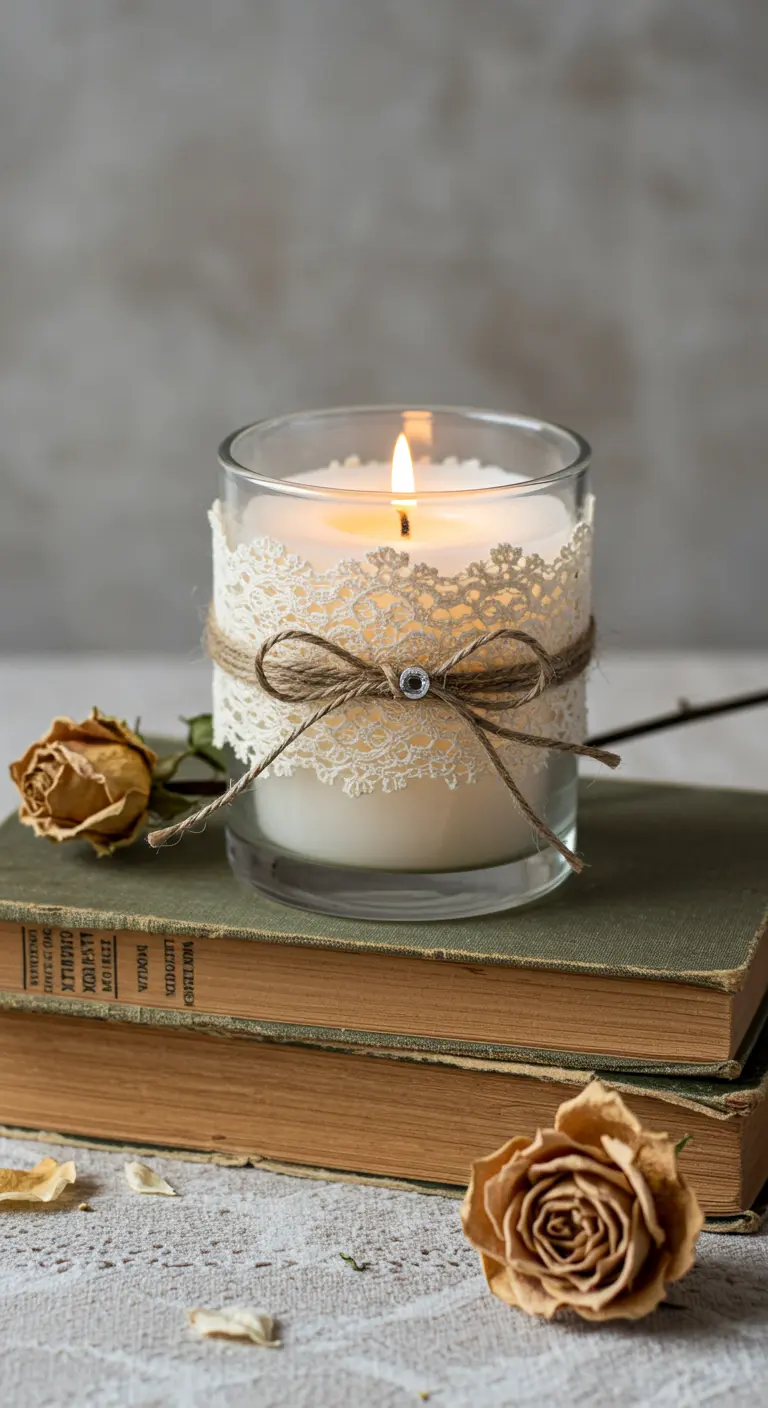 Vela decorada con encaje y yute sobre una pila de libros antiguos junto a rosas secas.