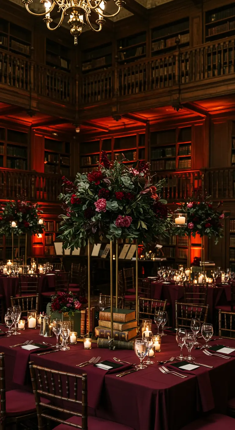 Recepción de boda elegante en una biblioteca con centros de mesa florales y libros.