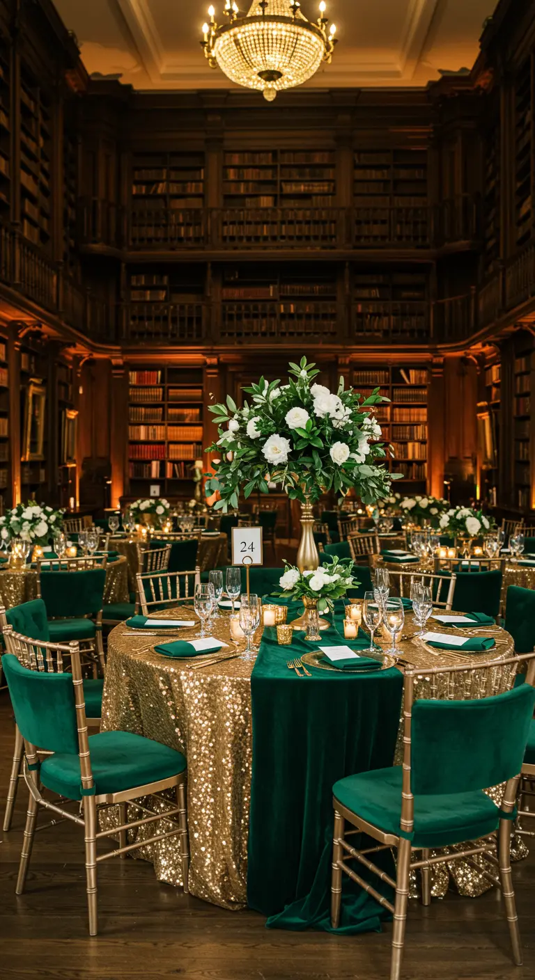 Recepción de boda en una biblioteca con mesas doradas y un camino de mesa de terciopelo verde.