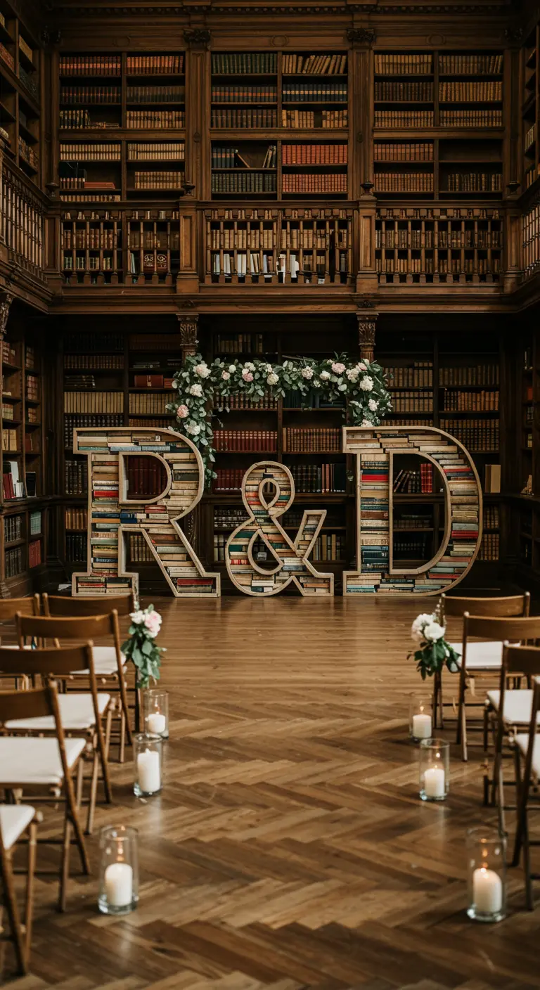 Iniciales gigantes 'R & D' hechas de marcos de madera y rellenas de libros en una biblioteca.