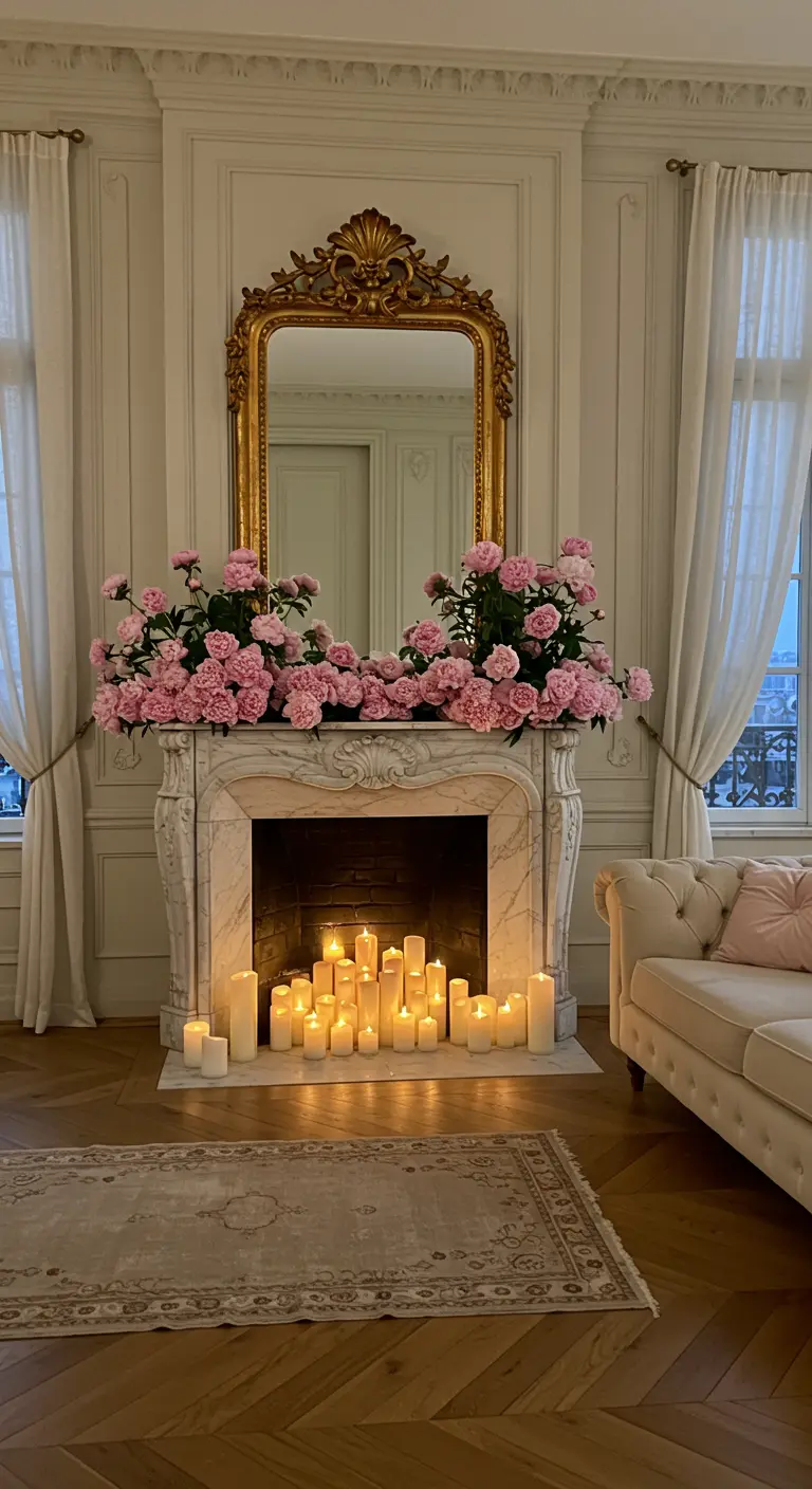 Sala de estar parisina con chimenea de mármol, espejo dorado y un mar de velas.