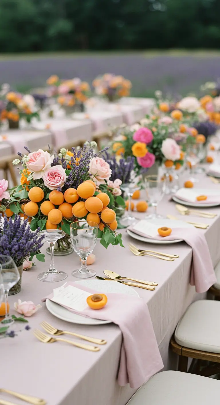 Mesa de boda con mantel lavanda, decorada con albaricoques, rosas y lavanda fresca.