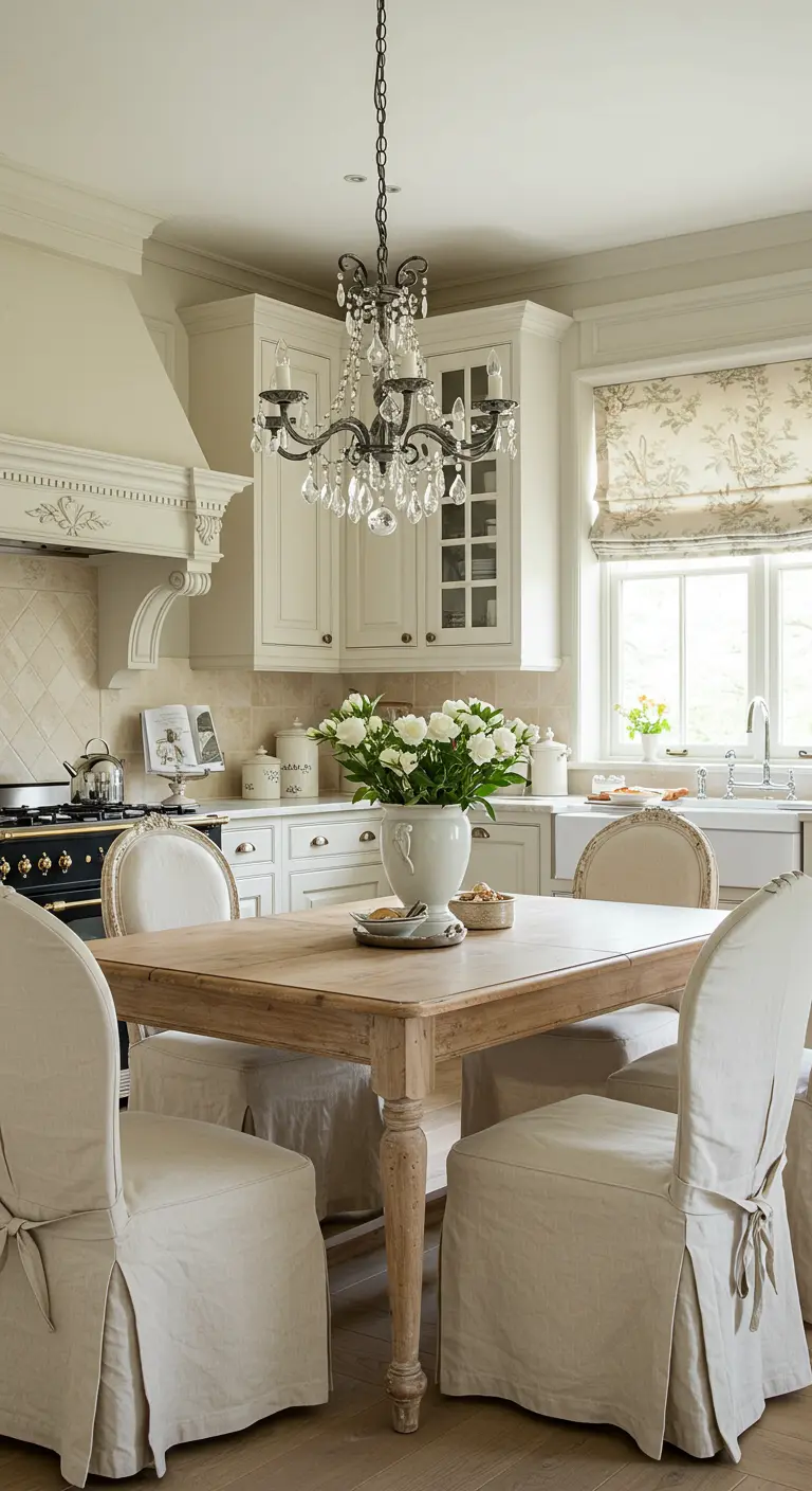 Cocina y comedor de estilo provenzal con muebles en blanco roto y sillas con fundas de lino.