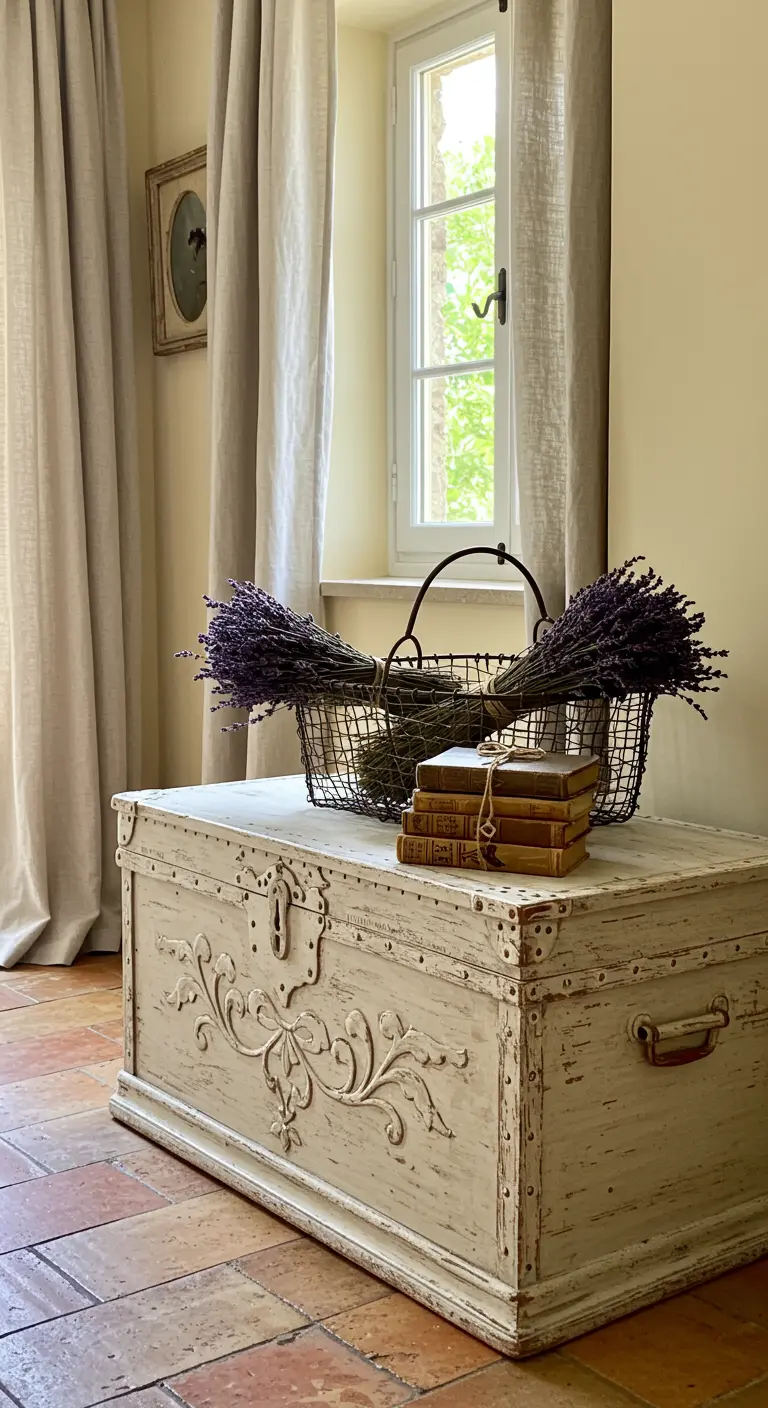 Baúl blanco de estilo provenzal con detalles ornamentales y un acabado envejecido.