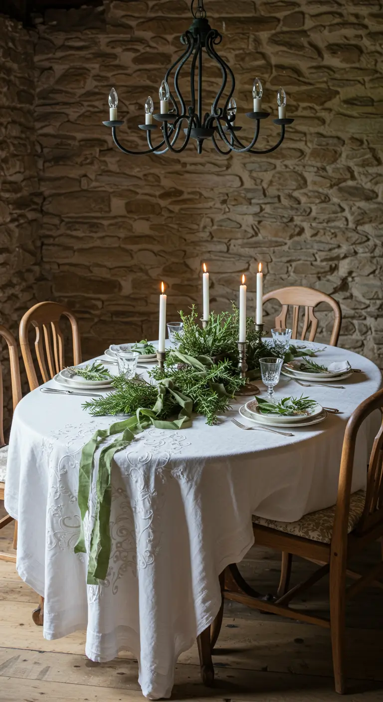 Mesa redonda rústica con mantel bordado y un centro de mesa de hierbas aromáticas y velas.