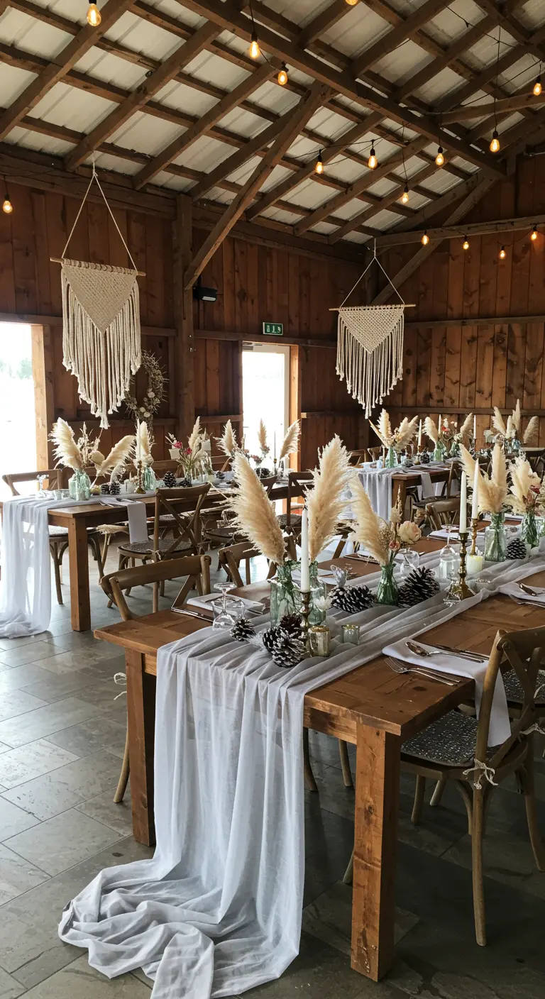Mesa de madera en un granero con decoración boho, hierba de la pampa y piñas.
