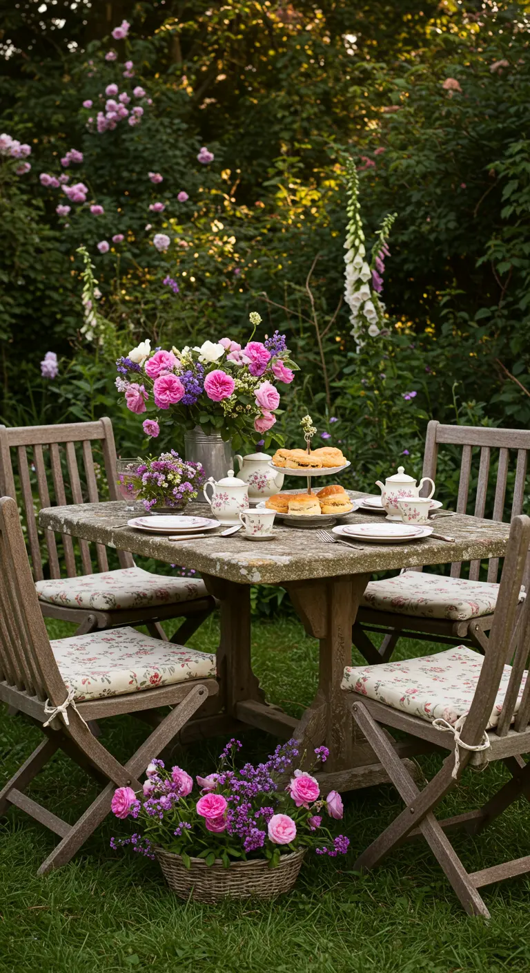 Mesa de té de piedra en un jardín frondoso, rodeada de sillas de madera y rosales en flor.