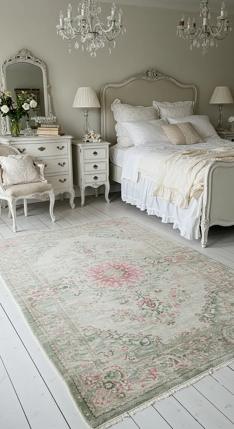 Dormitorio romántico 'shabby chic' con una alfombra desgastada de flores en tonos pastel.