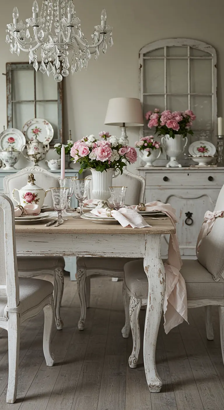 Comedor shabby chic con muebles blancos desgastados, textiles rosas y flores frescas.