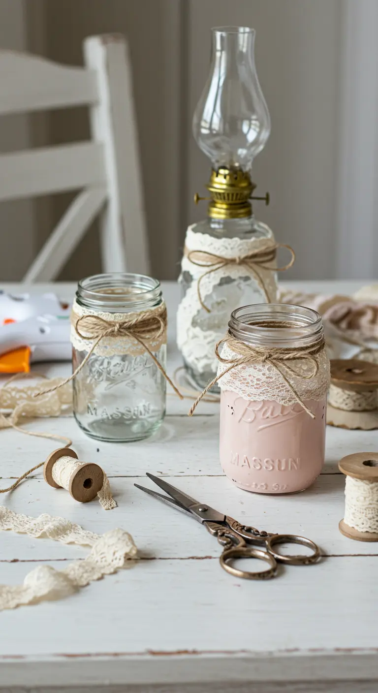 Frascos de vidrio decorados con encaje y cuerda de yute para crear lámparas de estilo shabby chic.