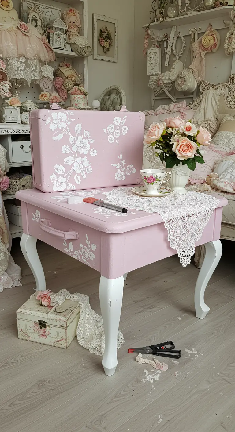 Mesa de centro rosa con una maleta a juego, ambas decoradas con estarcidos florales blancos.