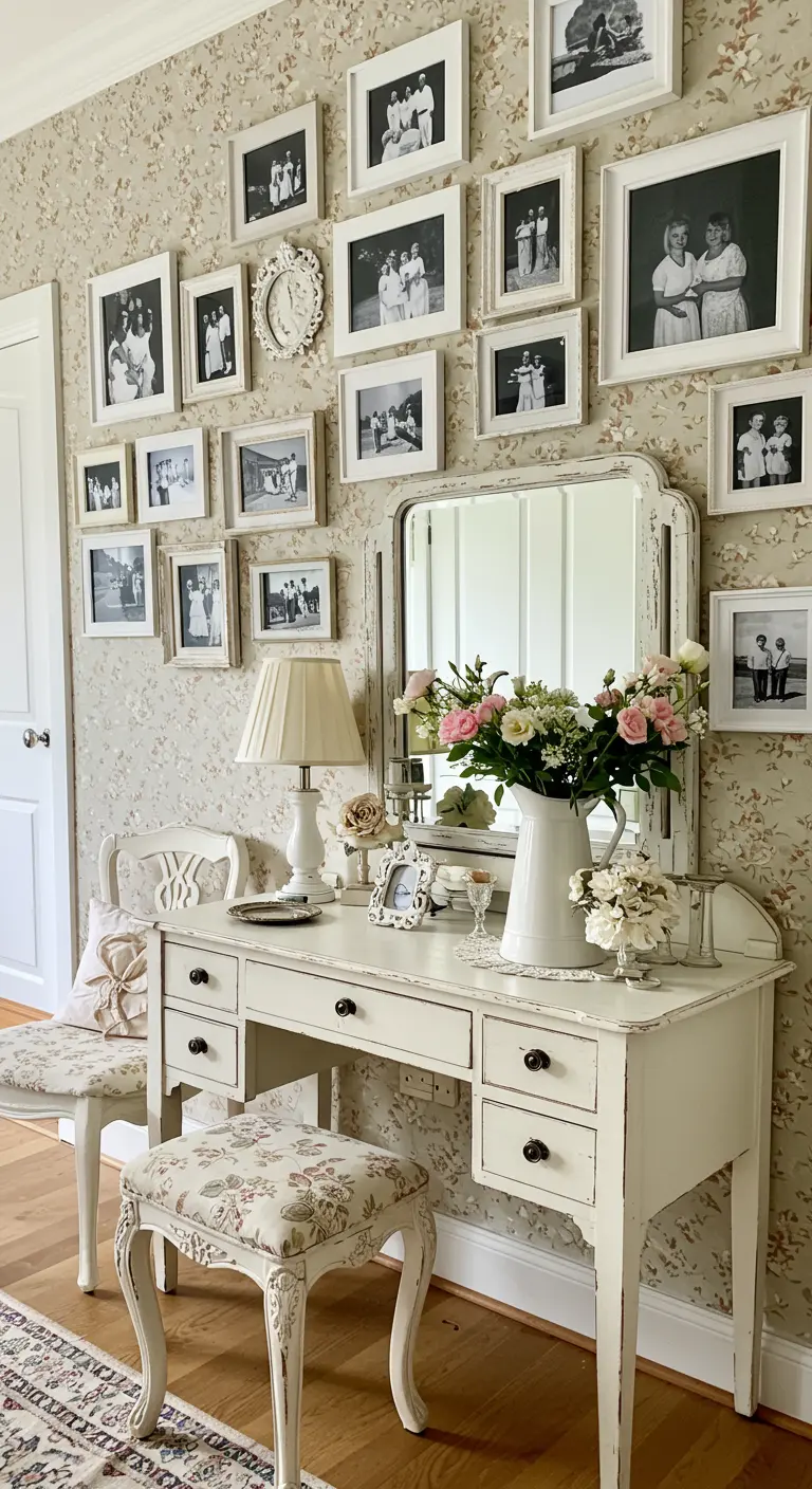 Rincón romántico con papel pintado floral y una galería de fotos familiares en marcos blancos de estilo vintage.