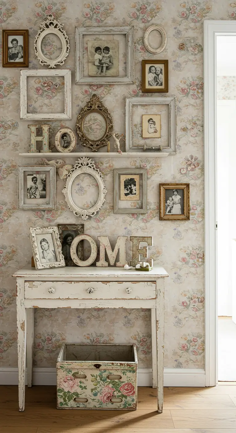 Entrada de estilo shabby chic con pared empapelada, marcos blancos y la palabra HOME.