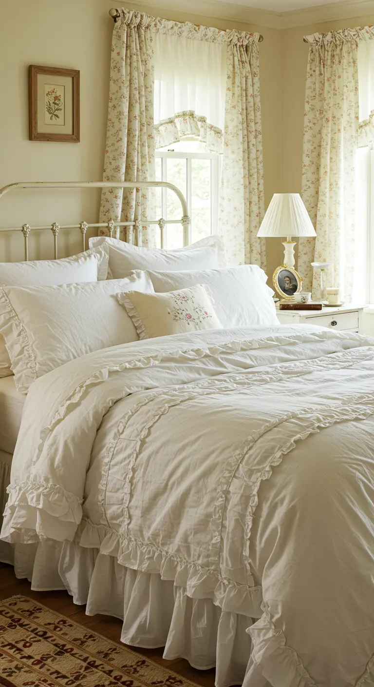 Cama de estilo shabby chic con ropa de cama blanca llena de volantes y detalles románticos.