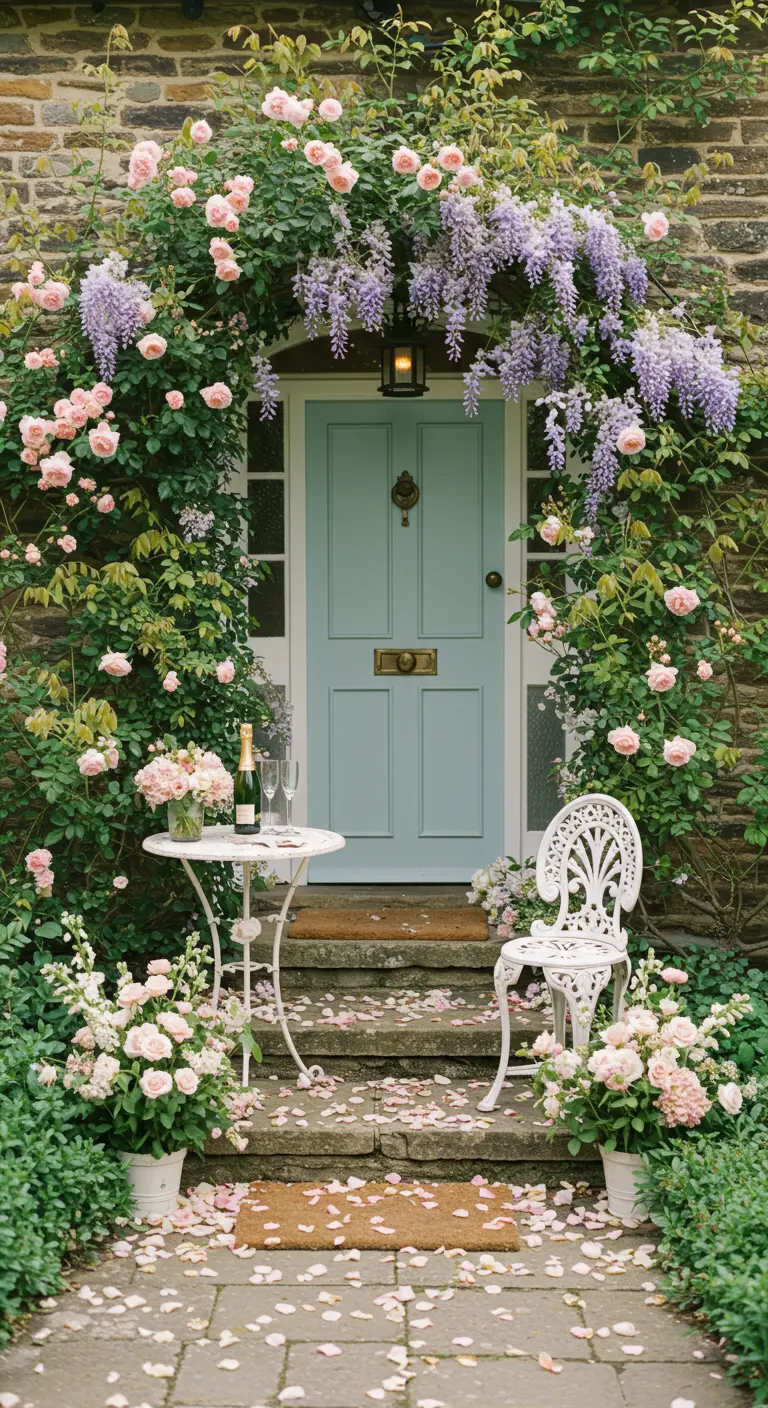 Puerta azul pastel enmarcada por rosales trepadores y flores rosas, con una mesita de bistró blanca al lado.
