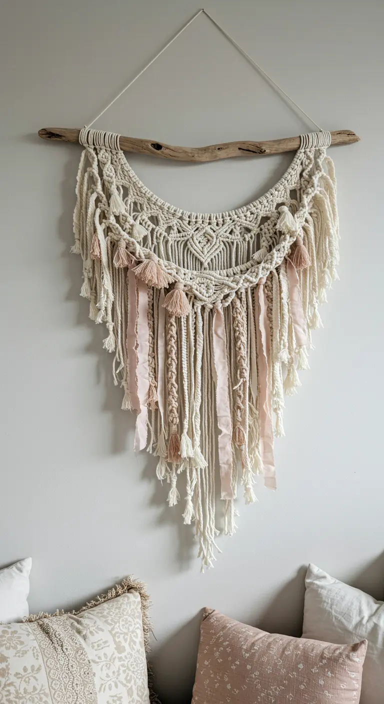 Tapiz de macramé en color crudo con cintas de seda rosa pálido y borlas integradas en el diseño.