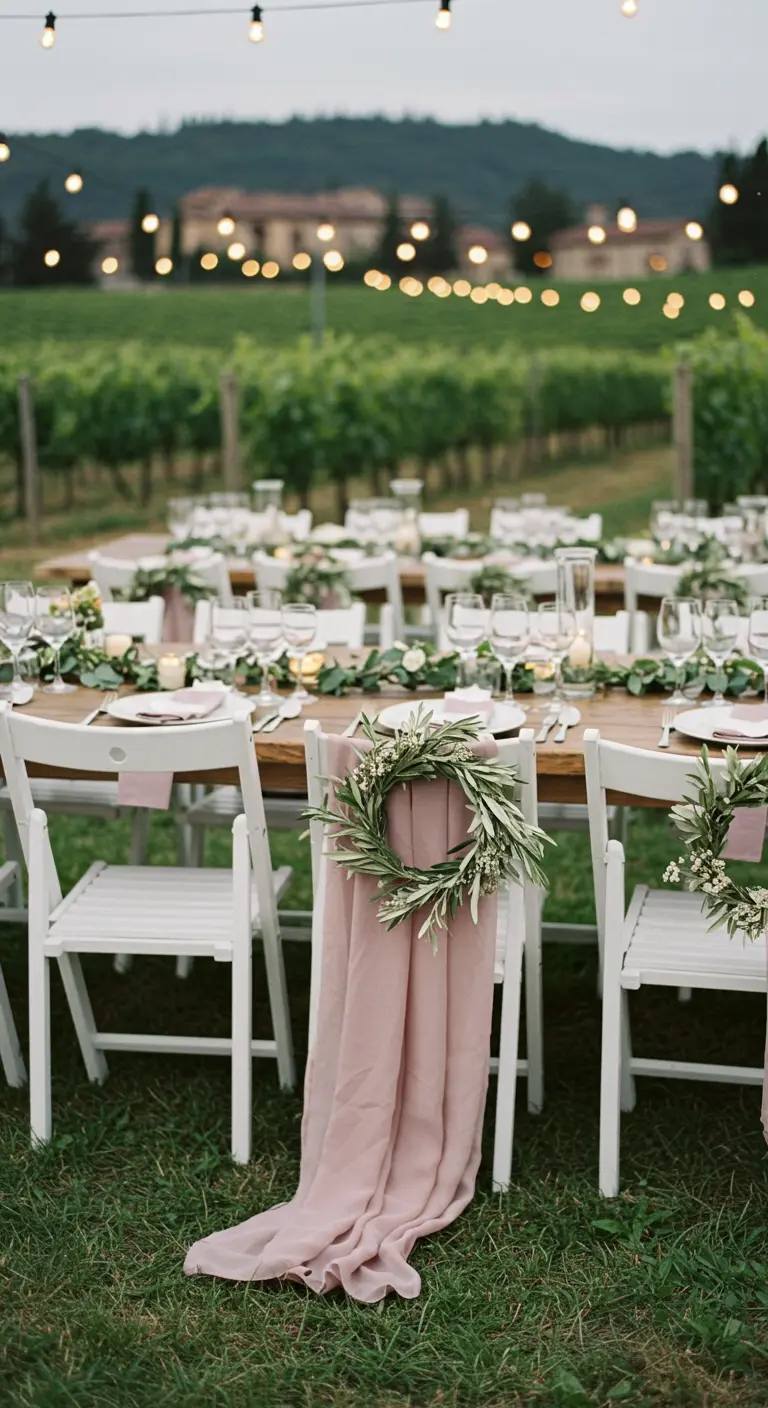 Silla blanca en un viñedo con tela rosa empolvado y una corona de olivo.