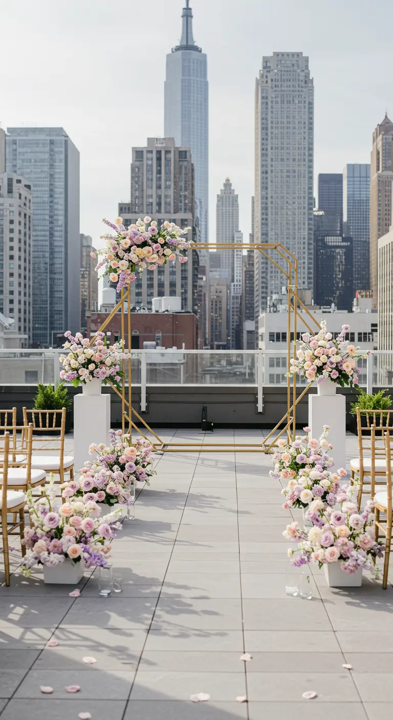 Ceremonia en una azotea con un arco dorado geométrico y vistas a la ciudad.