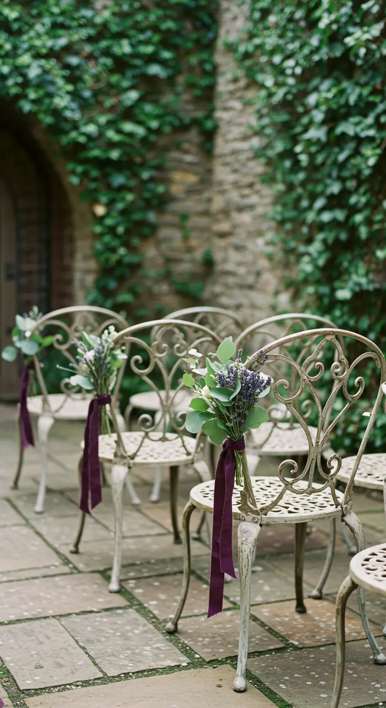 Sillas de hierro forjado blancas con ramos de eucalipto y lavanda atados con cintas moradas.