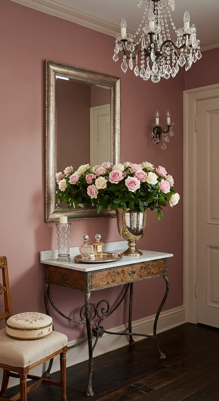 Recibidor rosa con consola de hierro y mármol, espejo plateado y lámpara de araña de cristal.