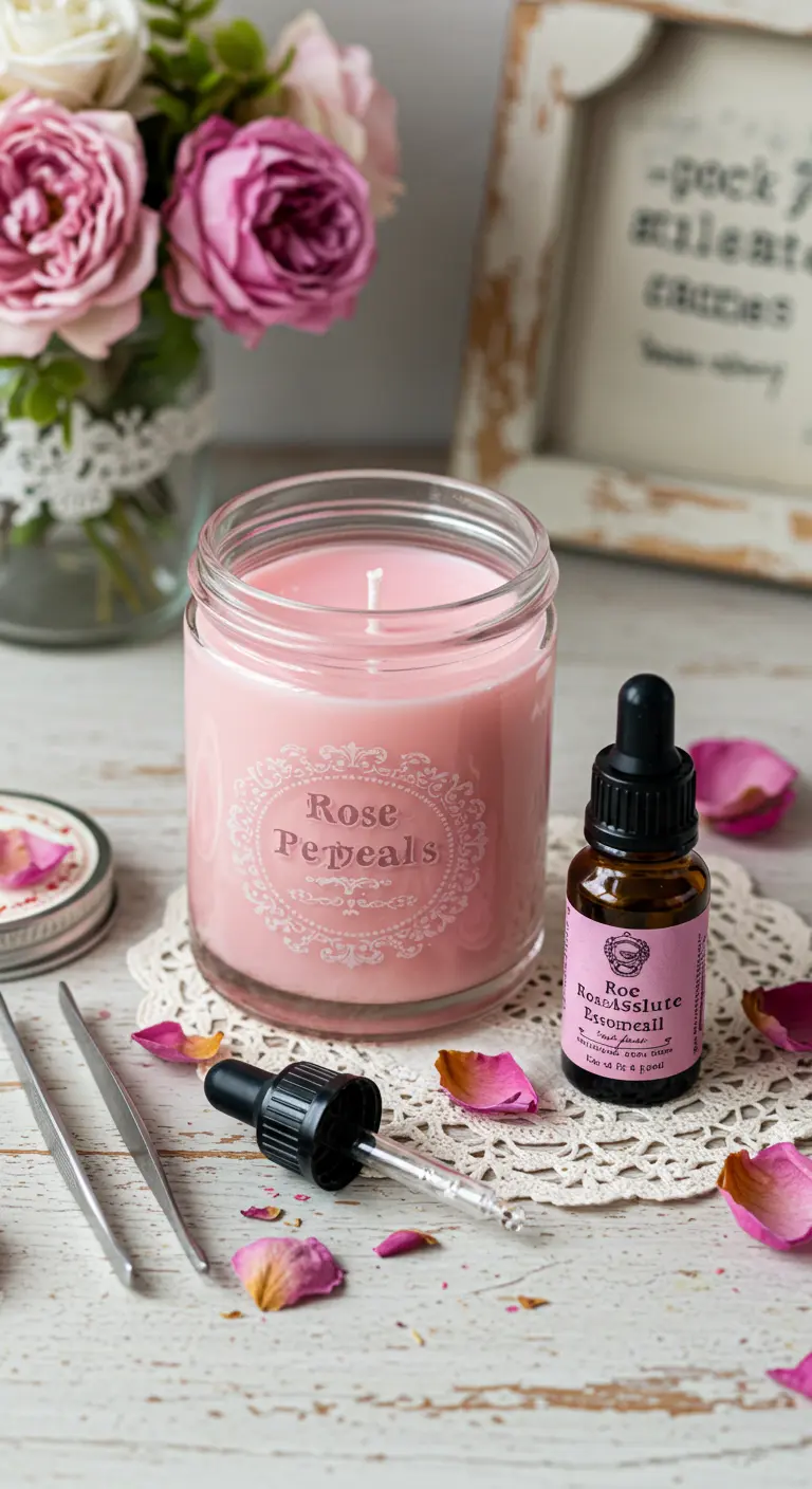 Vela de cera rosa en un frasco de vidrio con etiqueta vintage y pétalos de rosa