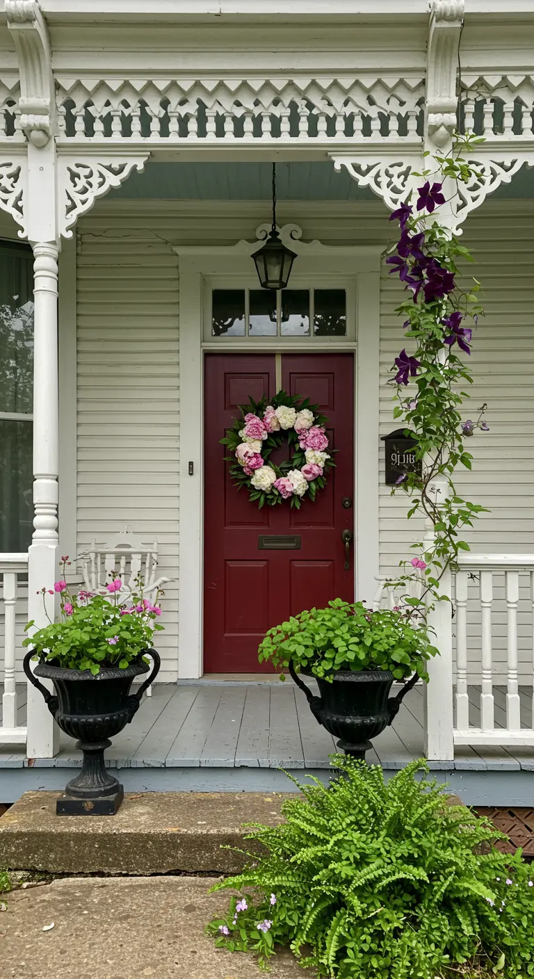 Porche victoriano con puerta burdeos, corona de peonías y una clemátide trepadora morada