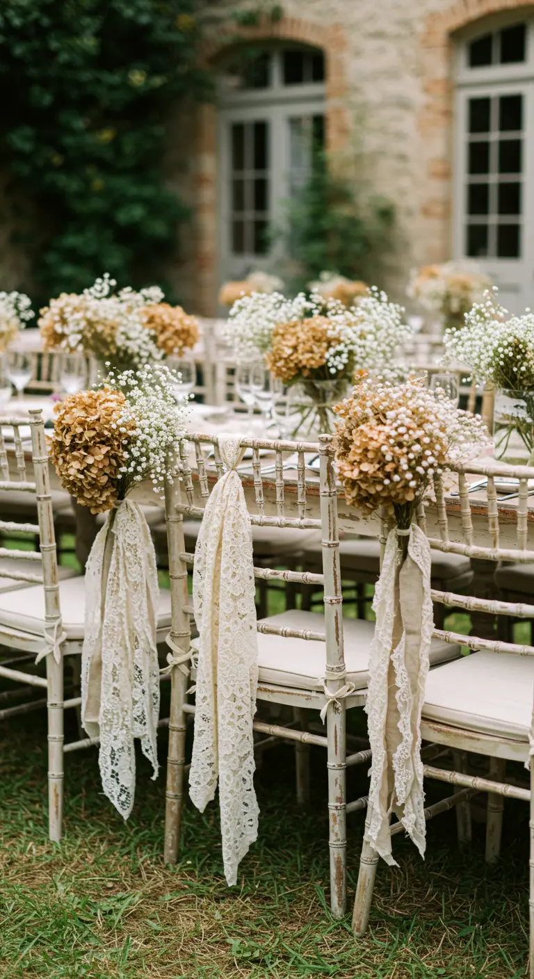 Sillas vintage con encaje antiguo y ramos de hortensias secas y paniculata.