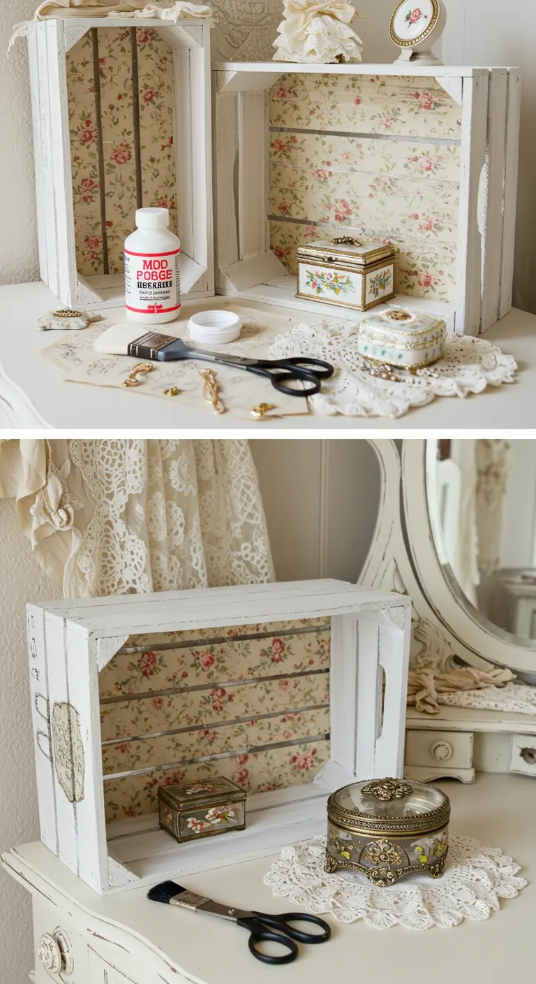 Caja de madera blanca con el interior forrado de papel floral para un tocador vintage.