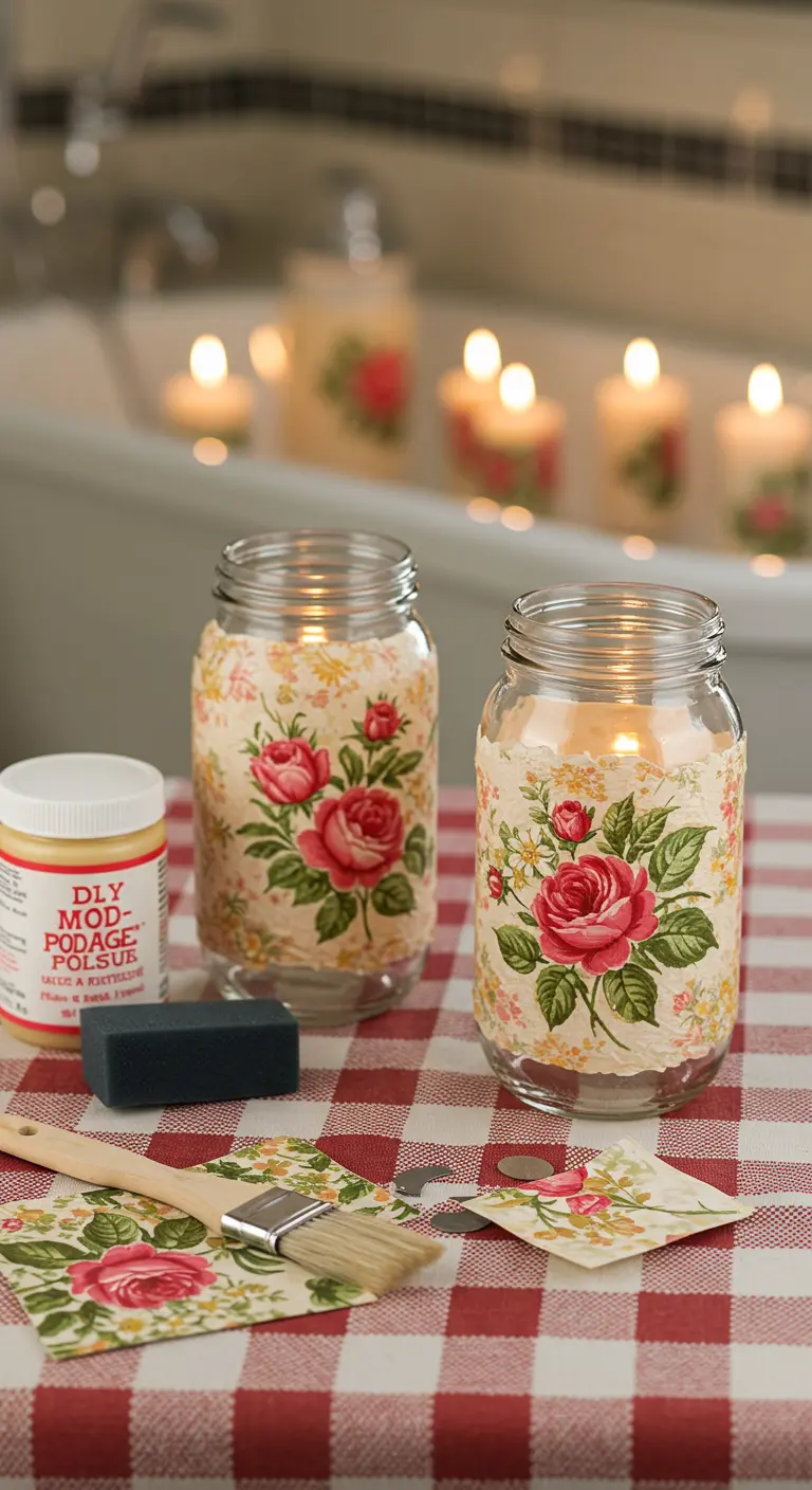 Frascos decorados con técnica decoupage de rosas sobre un mantel de cuadros rojos y blancos.